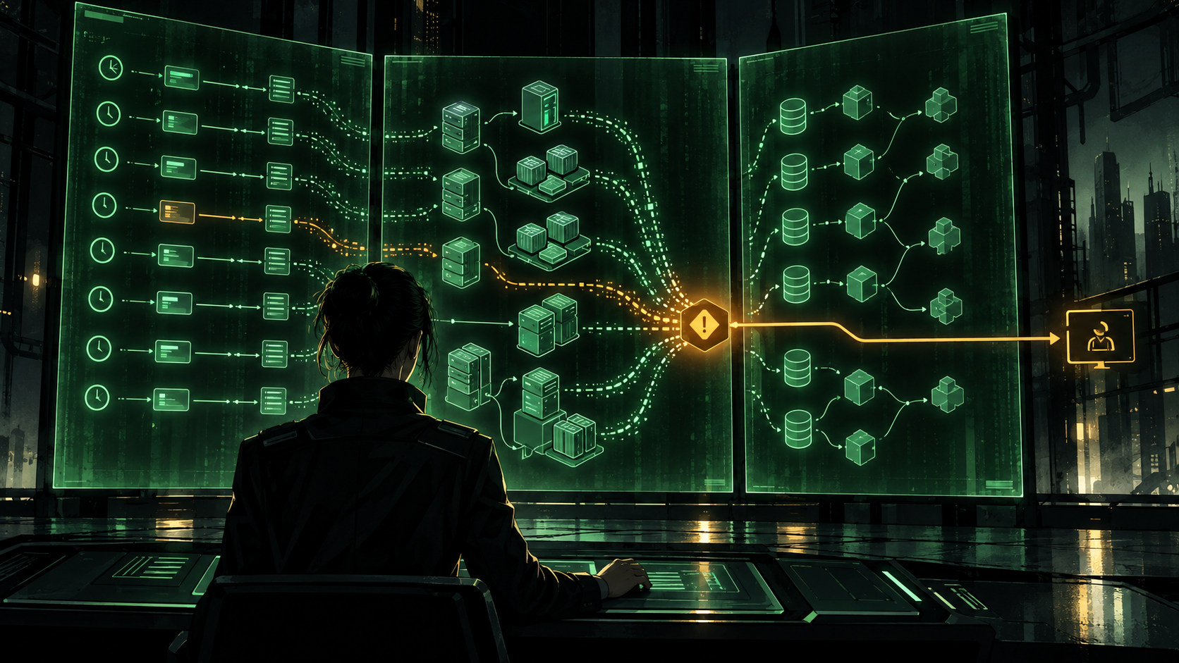 Cyber-noir infrastructure observer watching green service signals converge into one amber incident routed to an owner