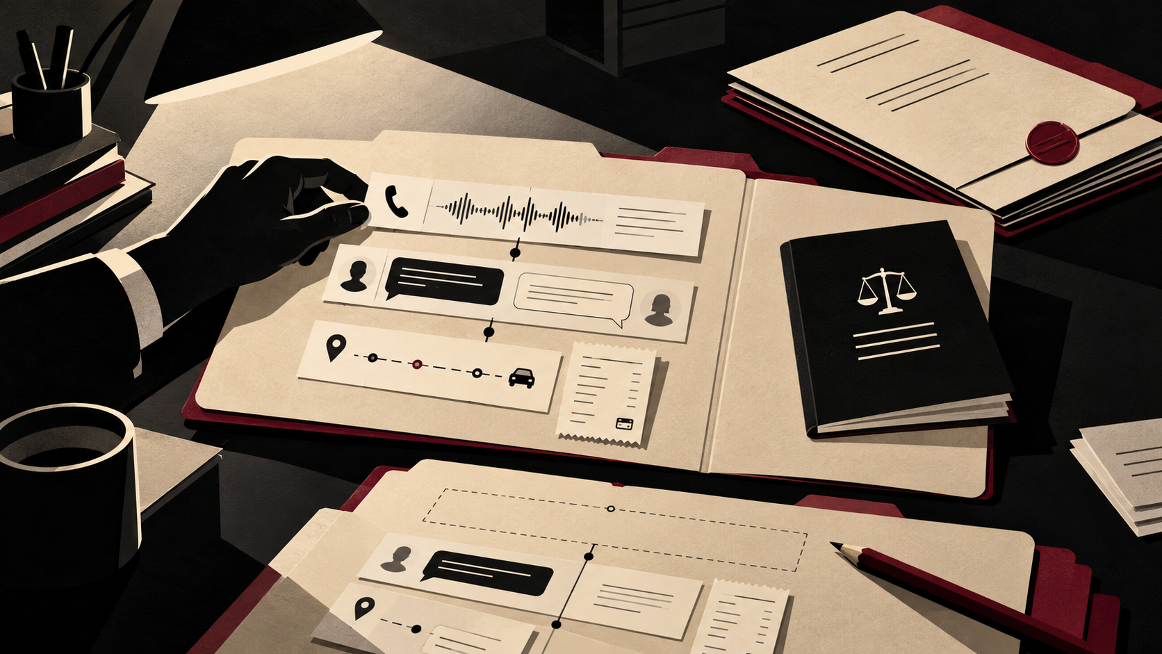 Black, ivory and burgundy noir paper collage assembling call, chat and trip evidence into a case file beside policy rules and an incomplete case for review