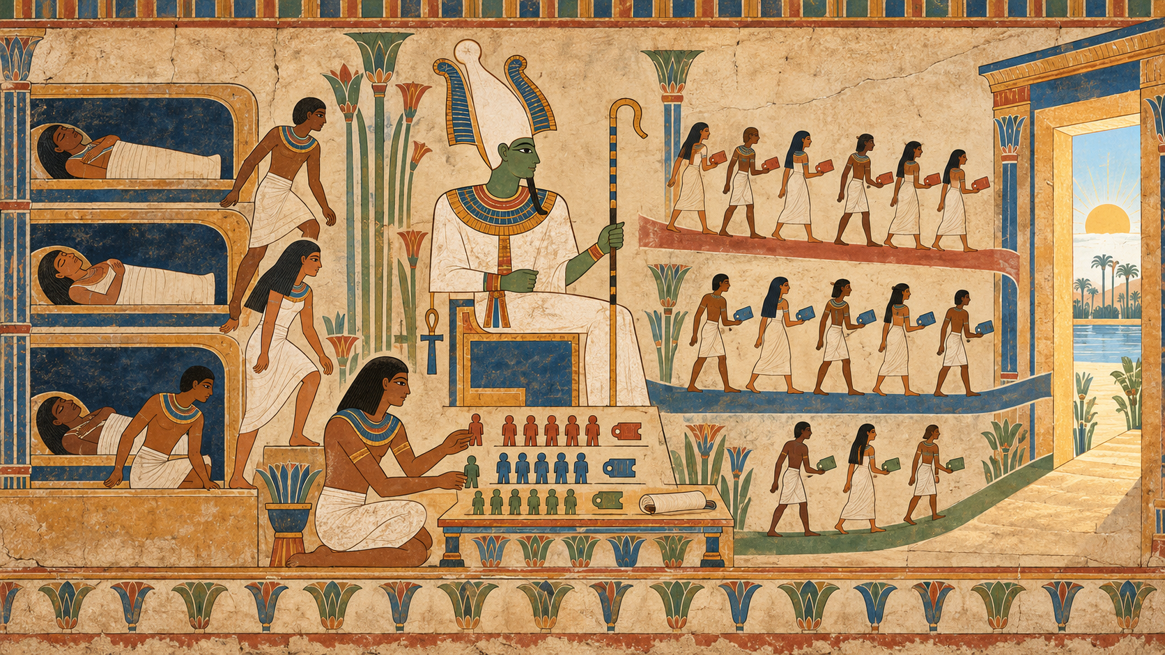 Egyptian-inspired painted mural of dormant figures awakening beside Osiris and a scribe sorting tokens into three intent bands