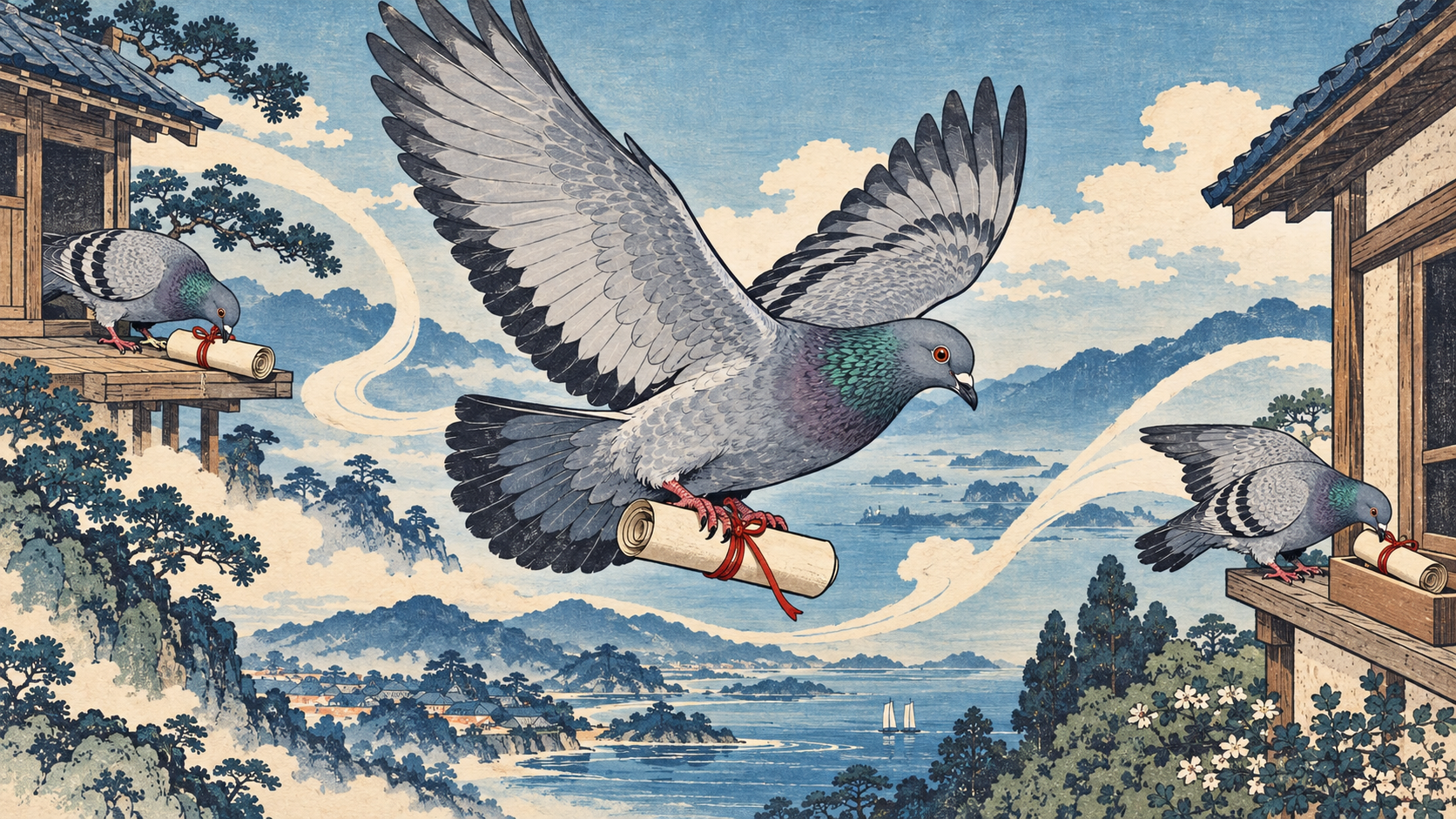 Woodblock-style sequence of a carrier pigeon collecting a scroll, flying with it and delivering it to a window