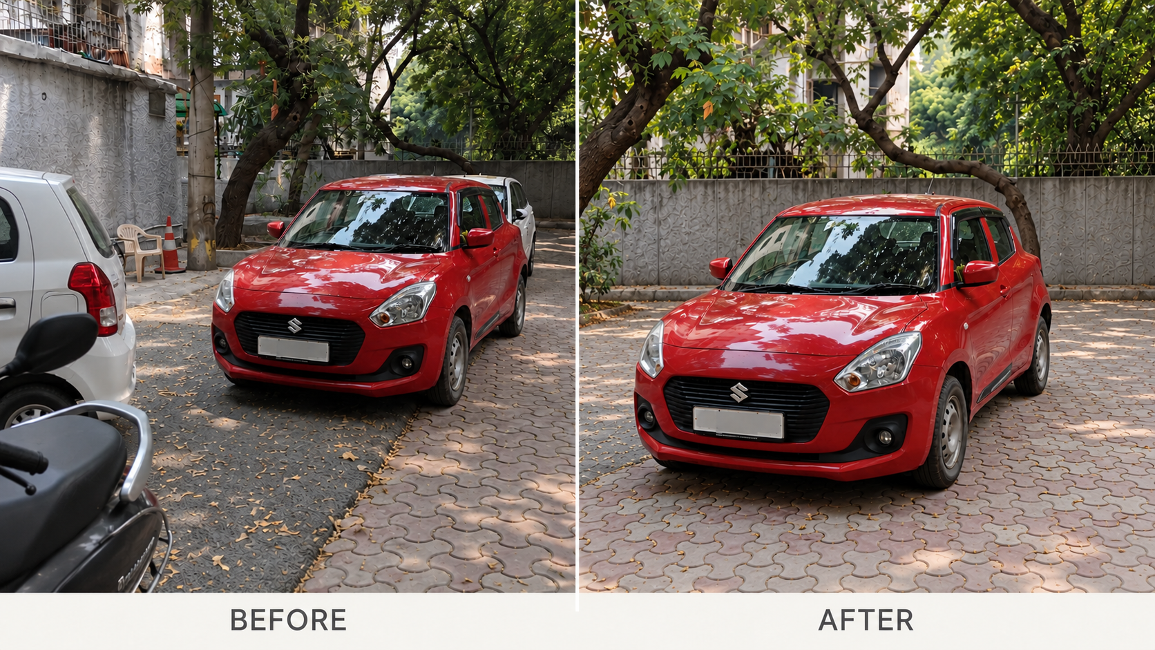 Illustrative before-and-after comparison of the same red hatchback with distracting parking clutter removed and framing improved