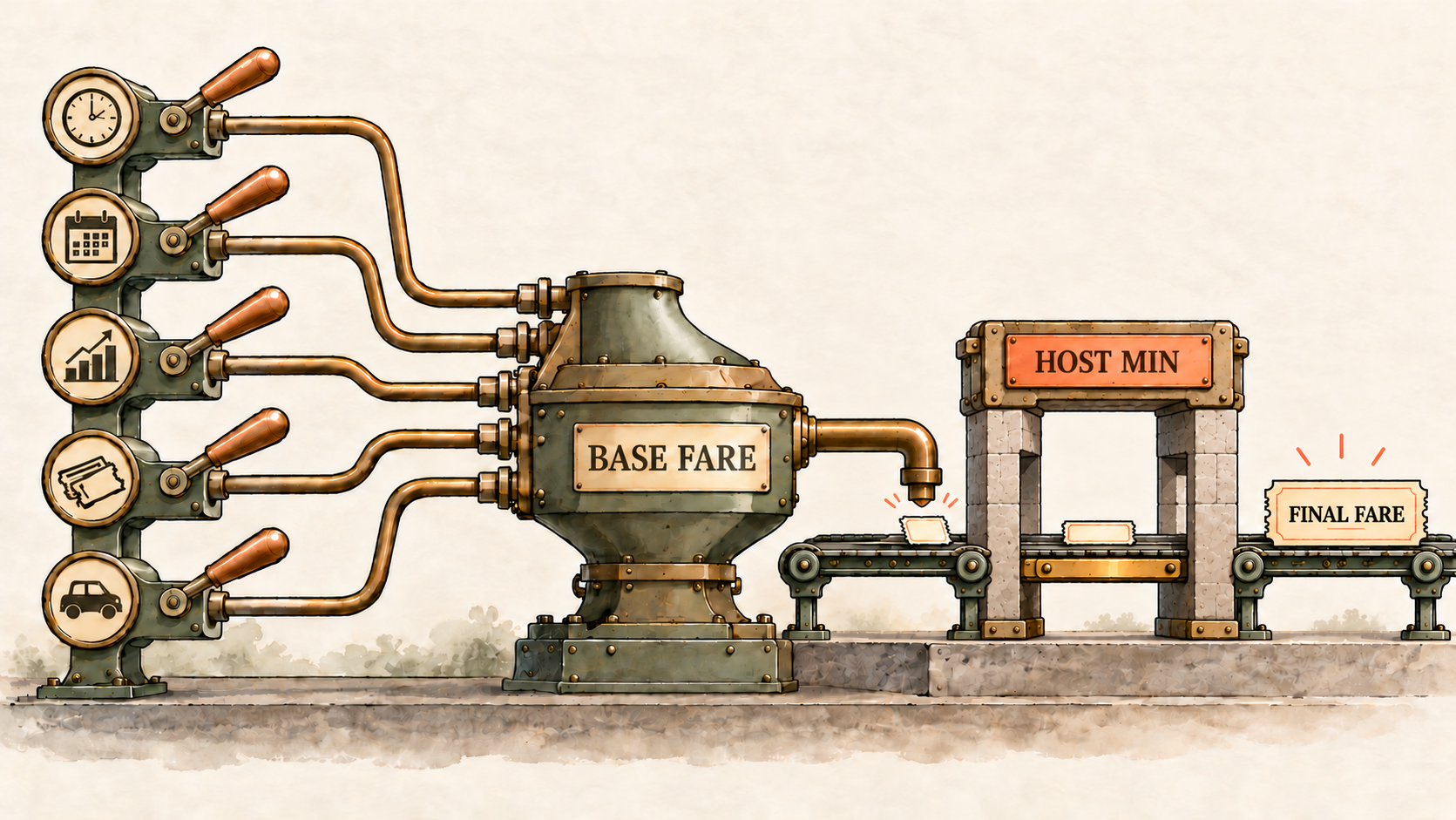 Five control levers feed a base-fare machine; fare tickets travel through a Host Min gate before emerging as the final fare