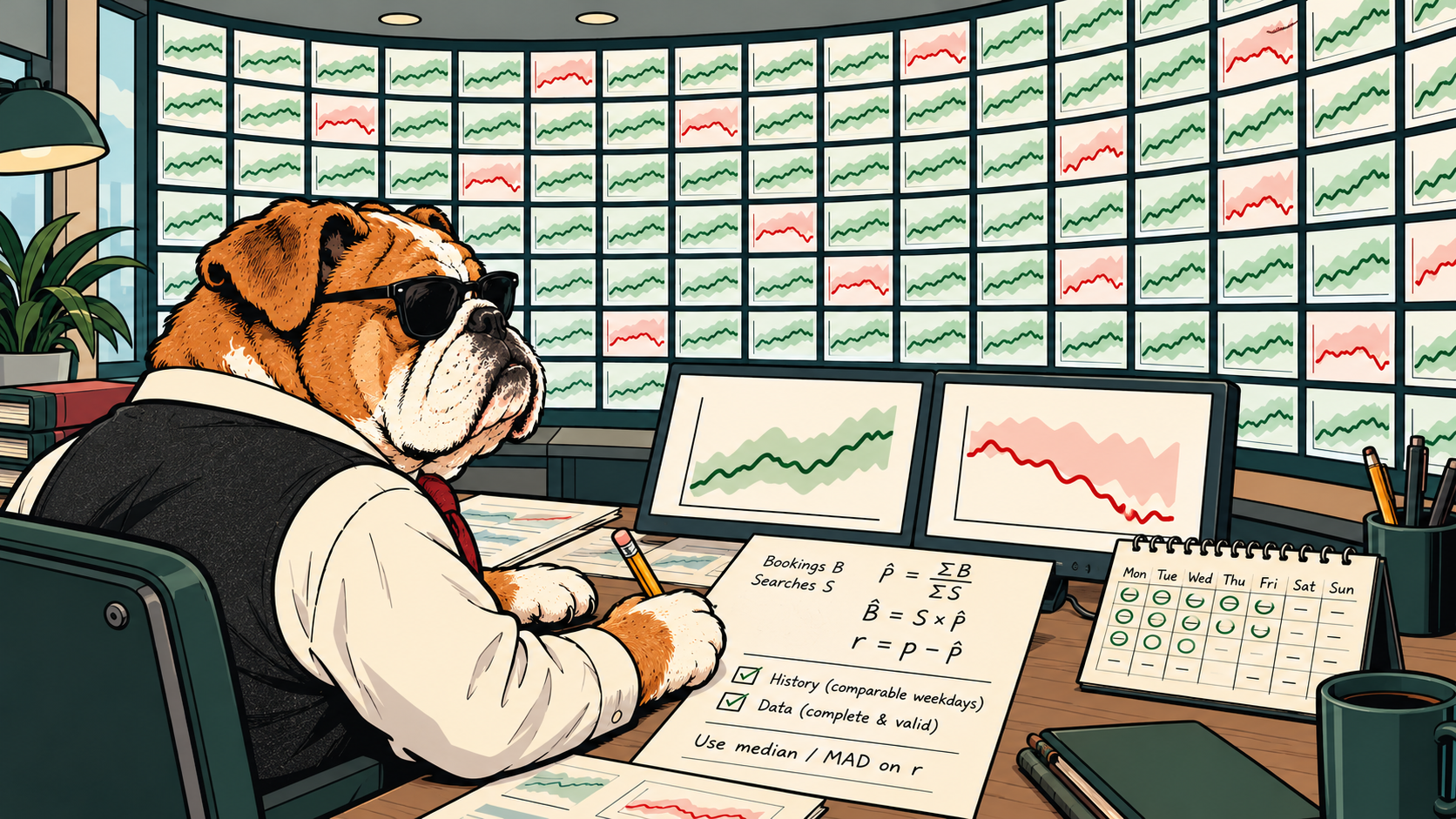 Comic-style bulldog in sunglasses calculates baseline checks beneath a wall of green in-band and red band-breach plots