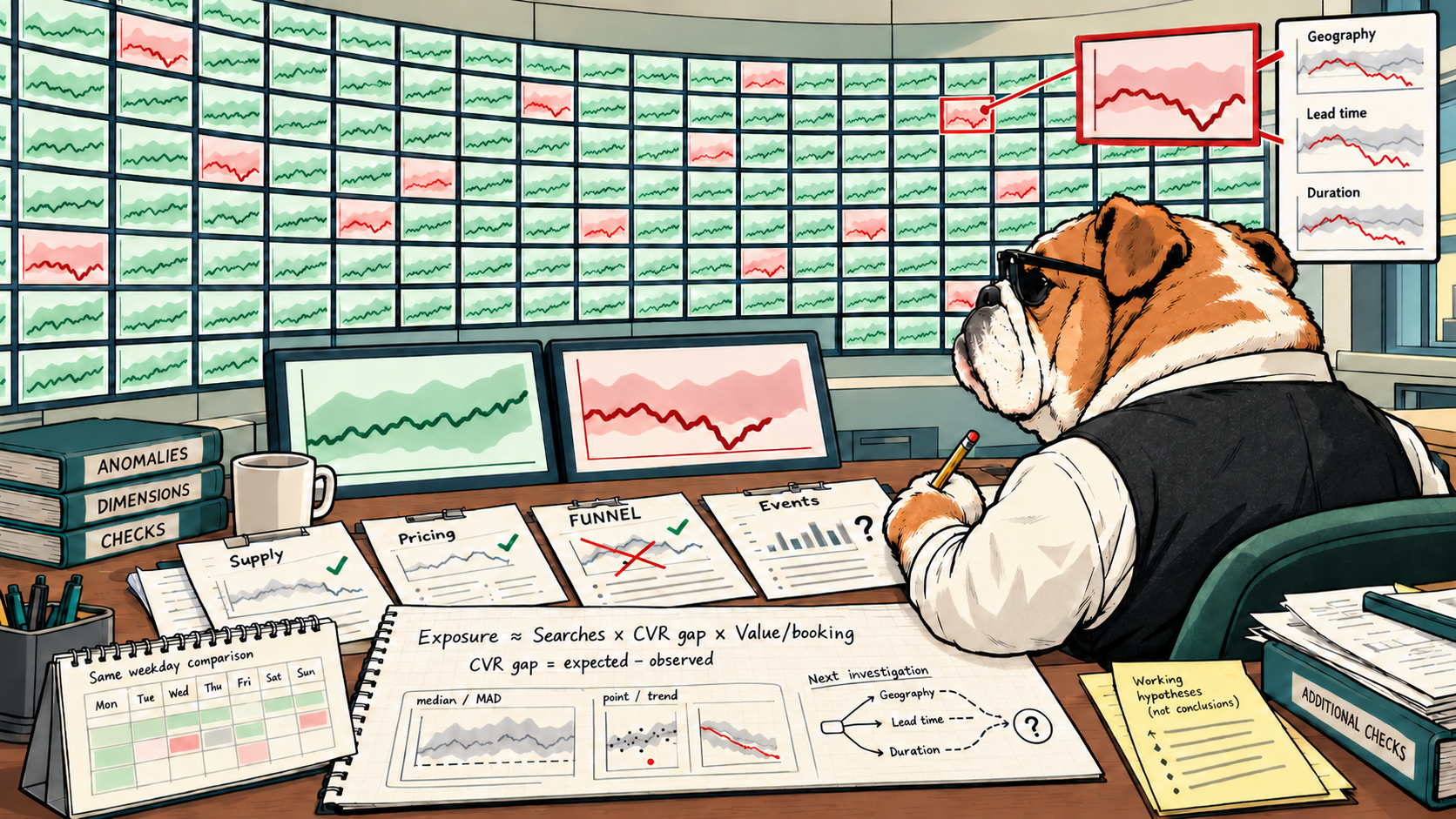 Comic-style bulldog investigates a wall of green and red evaluation plots with scope, exposure calculations and competing evidence checks